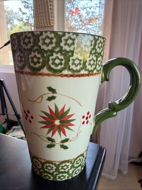 Temptations Green Ivy Tall Latte Coffee Mug by Tara Old World; Holiday Red/Green